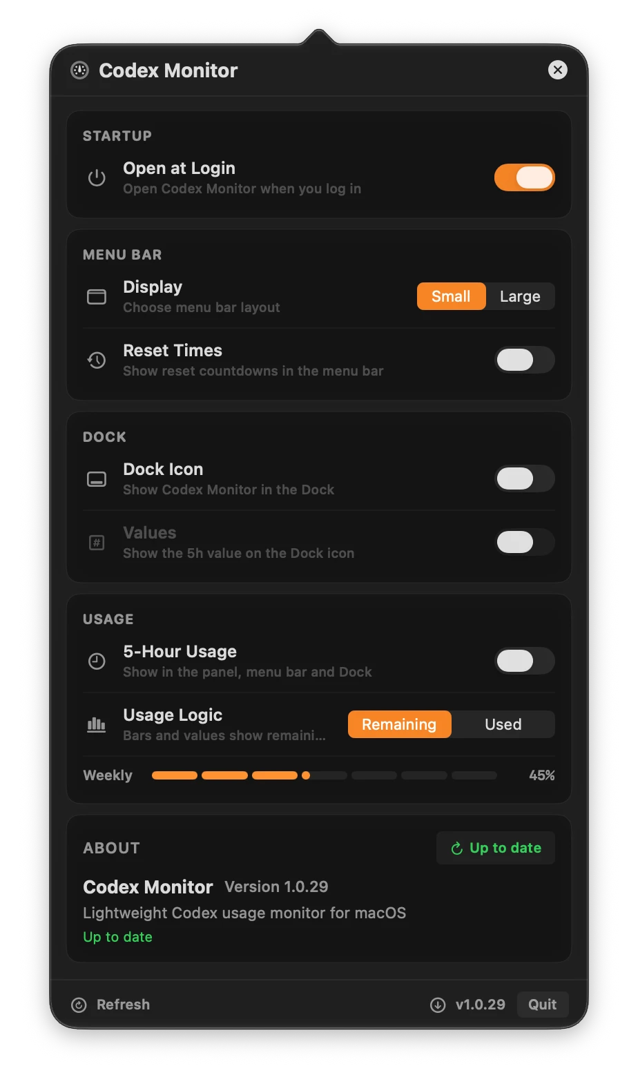 Codex Monitor settings for startup, menu bar layout, Dock icon, and usage display.